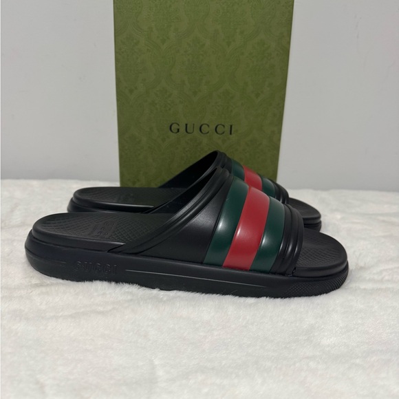 Gucci Black Slides with Red and Green Accents